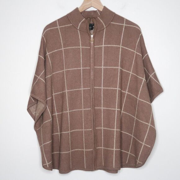 Tahari Sweaters - Tahari Womens Mock Neck Sweater L/XL Brown Gold Plaid Zip Oversized Cabincore